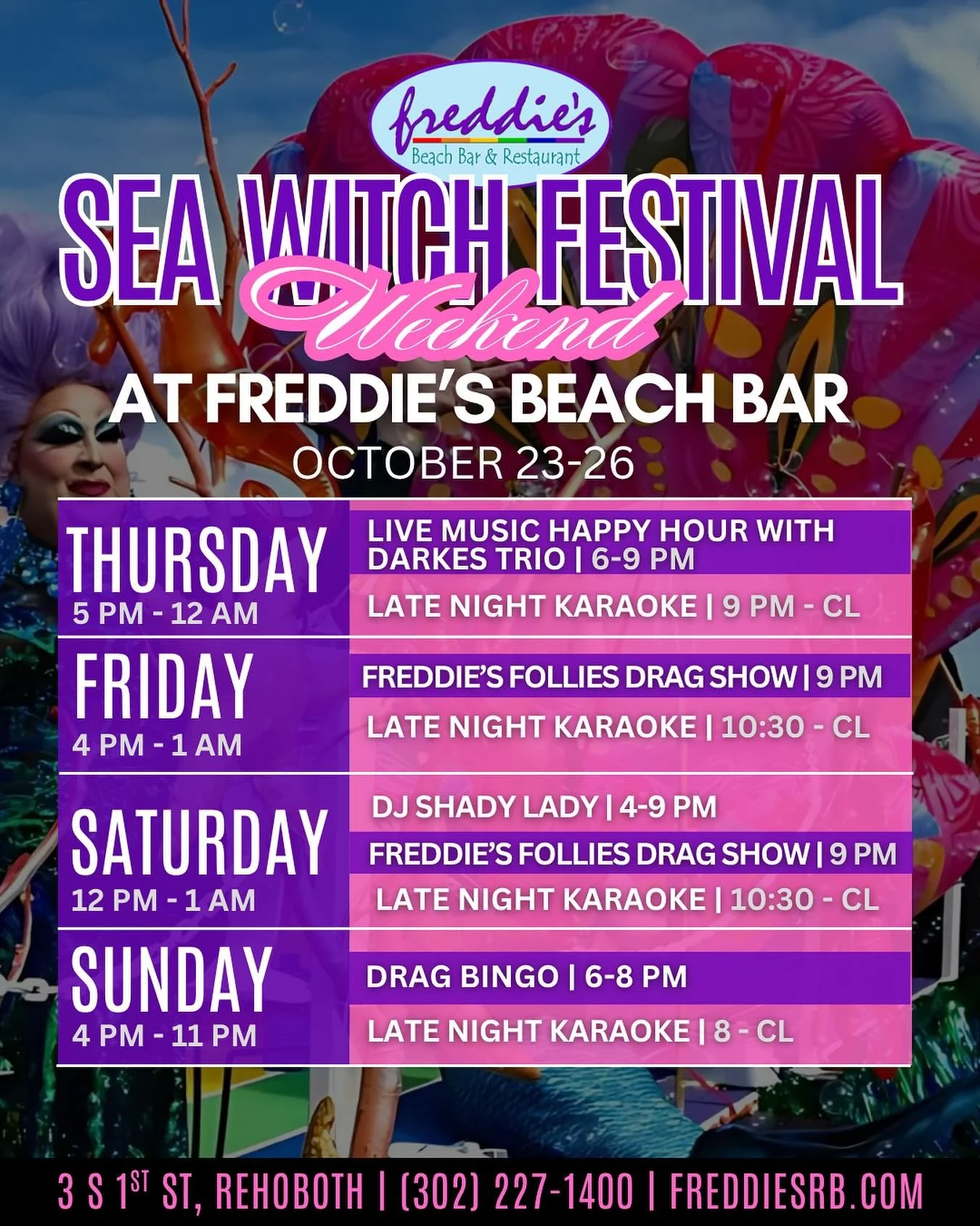 ✨ The spookiest weekend of the year is just days away!
Do Sea Witch Weekend right and join us at Freddie’s Beach Bar all weekend long! 🧙‍♀️💋
🎶 Live music, fabulous drag shows, karaoke every night, and Drag Bingo on Sunday!
Let’s