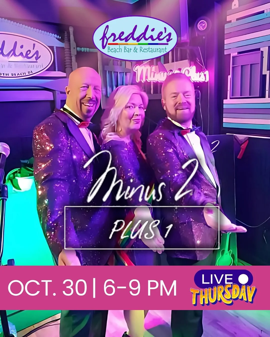 🎶 THIS THURSDAY: #Minus2Plus1 joins us for #LiveThursdays at Freddie&rsquo;s &mdash; your spot for live music every Thursday from 6&ndash;9 PM!

#rehoboth #rehobothbeach #delaware #lewes #dewey #deweybeach