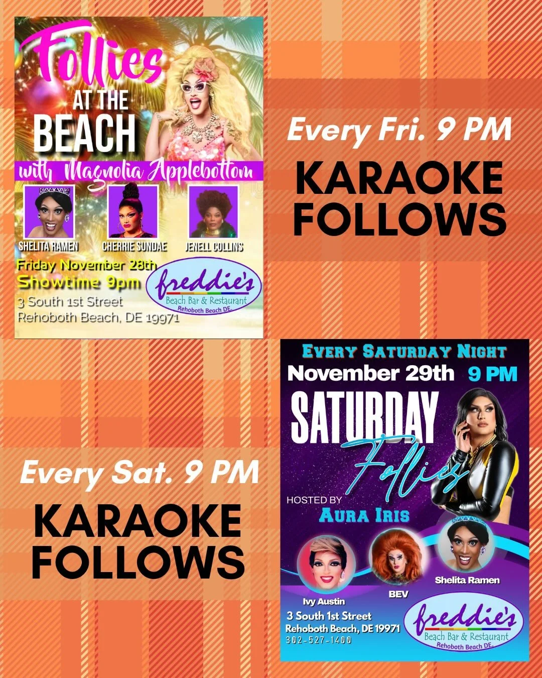 🎄✨ After the Rehoboth Christmas Tree Lighting&hellip; keep the celebration going at Freddie&rsquo;s!

Freddie&rsquo;s Follies every Friday and Saturday at 9 PM &mdash; and KARAOKE FOLLOWS! 🎤💜

Make it a full night of holiday fun with host @mrsmagn