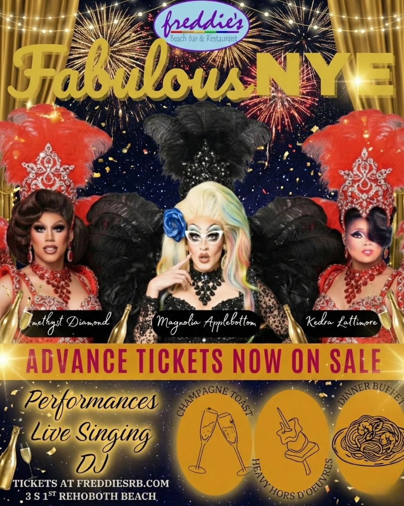 Early Bird tickets are selling fast! Get yours before prices go up ⬆️ 

Get READY for a FABULOUS NYE at Freddie&rsquo;s&hellip; a showgirl-themed drag extravaganza&hellip; that&rsquo;s giving New Year&rsquo;s in Paris vibes! 💋✨

@mrsmagnolia , @amet