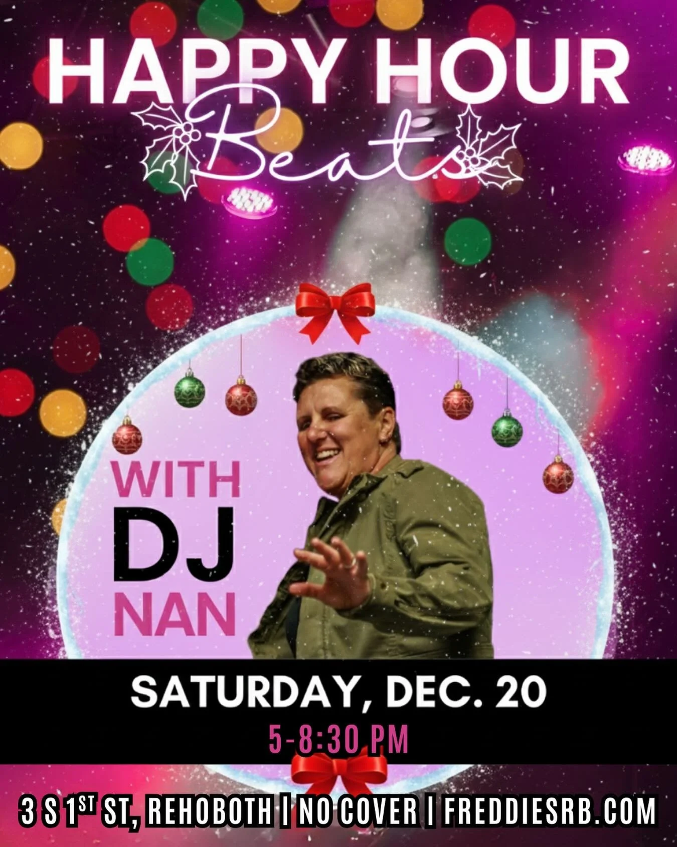Deck the halls&hellip; and the dance floor 🎄🍸

✨DJ Nan is bringing the Happy Hour Beats this Saturday from 5&ndash;8:30 PM.🪩

Join us every Saturday for Happy Hour Beats with rotating DJ&rsquo;s!

#rehoboth #rehobothbeach #delaware #lewes #dewey #