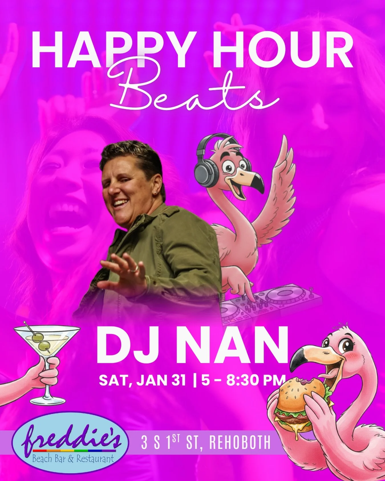 Ok Flamingos&hellip; 🦩 Gather the flock because #DJNAN is BACK this Saturday from 5&ndash;8:30 PM! Come hungry, grab a cocktail, and get ready to kick off Saturday the fabulous way&hellip;. At Freddie&rsquo;s! 

THEN stick around for the drag show f