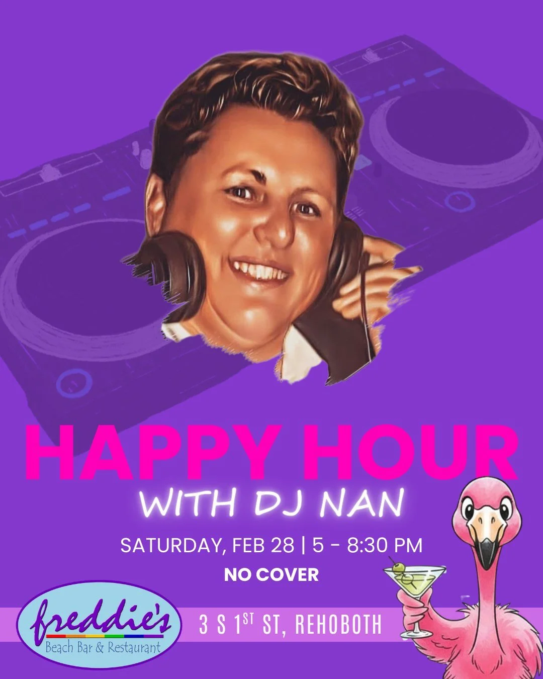 #DJNAN is BACK at #Freddies THIS SATURDAY! 🎧🔥

Join us Saturday (02/28) from 5&ndash;8:30 PM for happy hour dancing, drinks, and dinner.

Can&rsquo;t make it this week? Join us every Saturday for Happy Hour Beats!

#Rehoboth #Lewes #Dewey