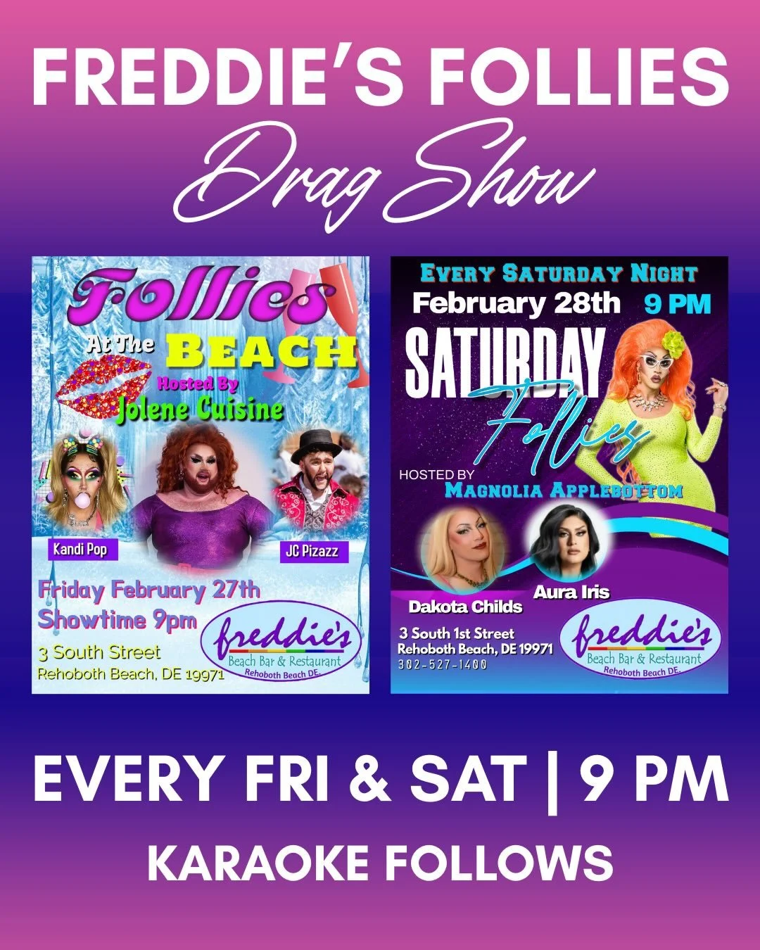 ✨Freddie&rsquo;s Follies is bringing the DRAMA to Rehoboth FRI &amp; SAT at 9PM 💋

🌊 Friday &ndash; Hosted by @_jolenecuisine with @iwantkandi_pop &amp; @jc_pizzazz 
👑 Saturday Night Follies &ndash; Hosted by @mrsmagnolia 
Featuring @codyack686 &a