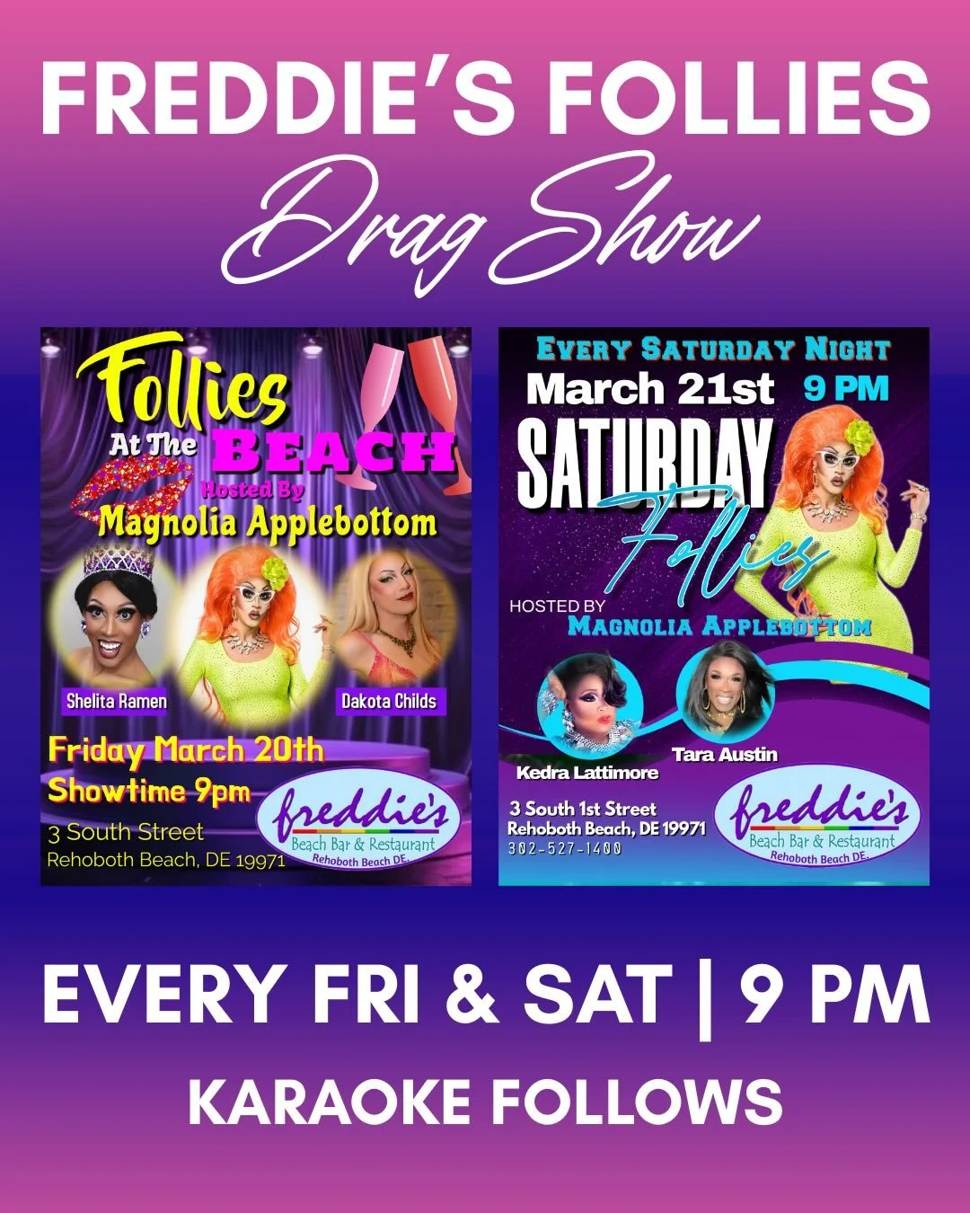 Get ready for the @washblade&rsquo;s favorite Rehoboth drag show!!

@mrsmagnolia is hosting this Friday and Saturday alongside special guests:

✨ Friday: @shelitaramen &amp; @codyack686 

✨ Saturday: @kedra_lattimore &amp; @taraashleighaustin 

Reser