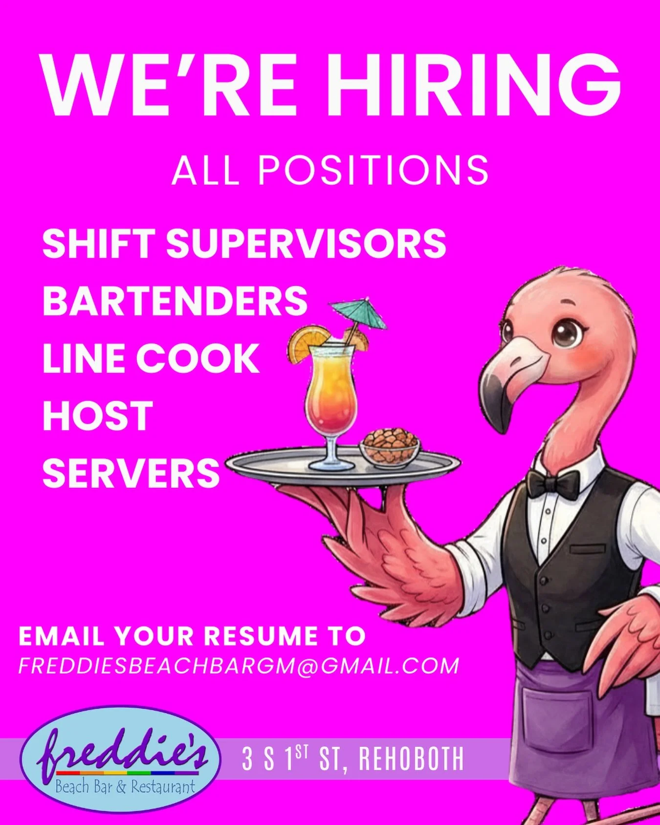 We&rsquo;re gearing up for the season at Freddie&rsquo;s and hiring for ALL positions! 🎉

We&rsquo;re looking for fun people who enjoy making customers happy.

Please send your resume to: FreddiesBeachBarGM@gmail.com

#rehoboth #rehobothbeach #delaw