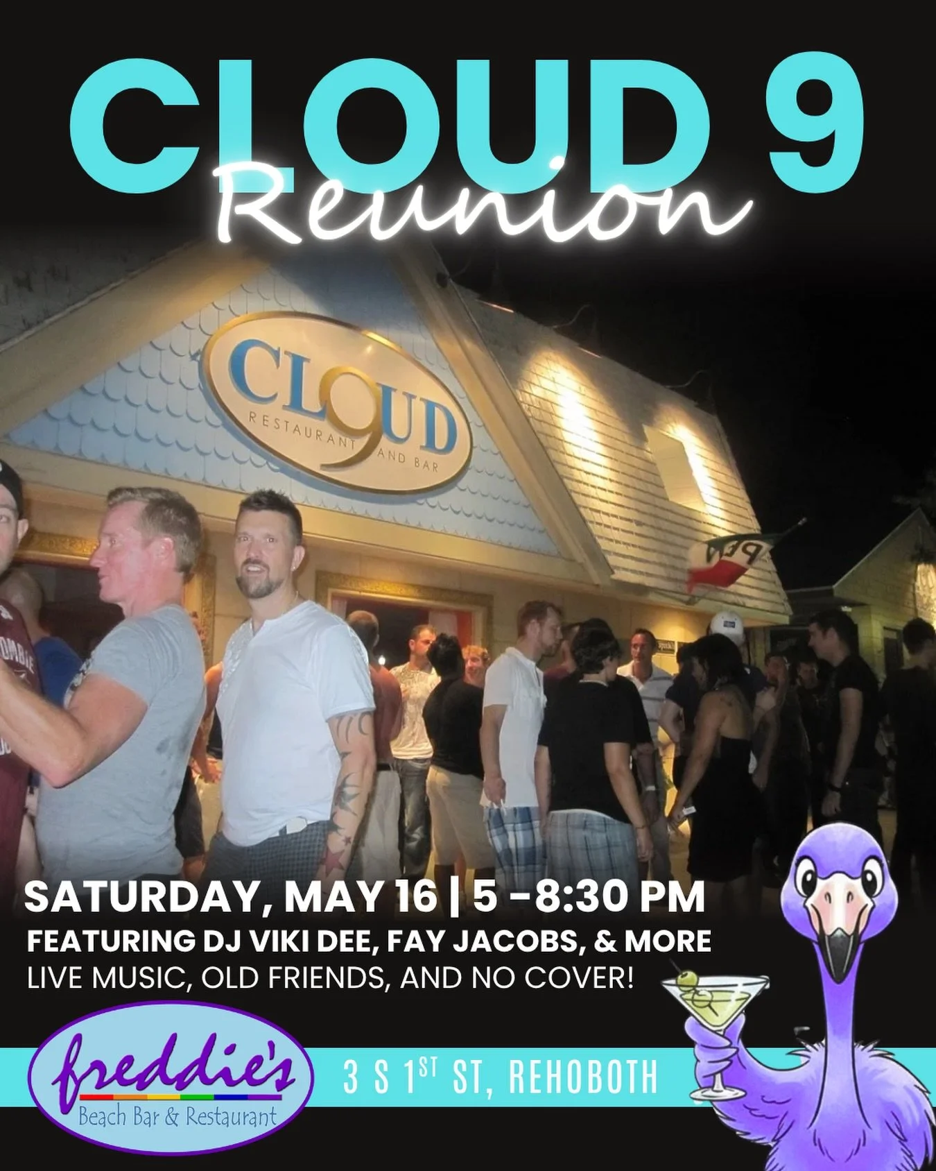 🎉We love it, we miss it&hellip; and now it&rsquo;s back FOR ONE NIGHT ONLY! Get ready for a #Cloud9 reunion at Freddie&rsquo;s Beach Bar on Sat. May 16th!

With #DJVikiDee on the mixer boards, past Cloud 9 owner Fay Jacobs, and plenty of familiar fa