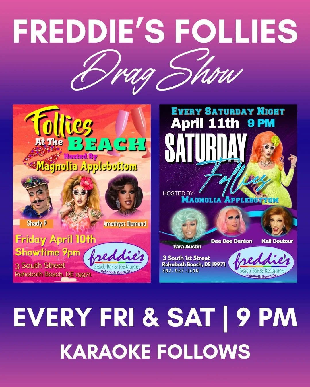 Every Friday &amp; Saturday at 9 PM!!! With @mrsmagnolia 🎉

Alongside special guests @shady_p_manfredi, @amethyst_diamond1, @taraashleighaustin, @deedeedereon, and @kalicoutour ✨

Parking is free for a little while longer&hellip; get it in while you