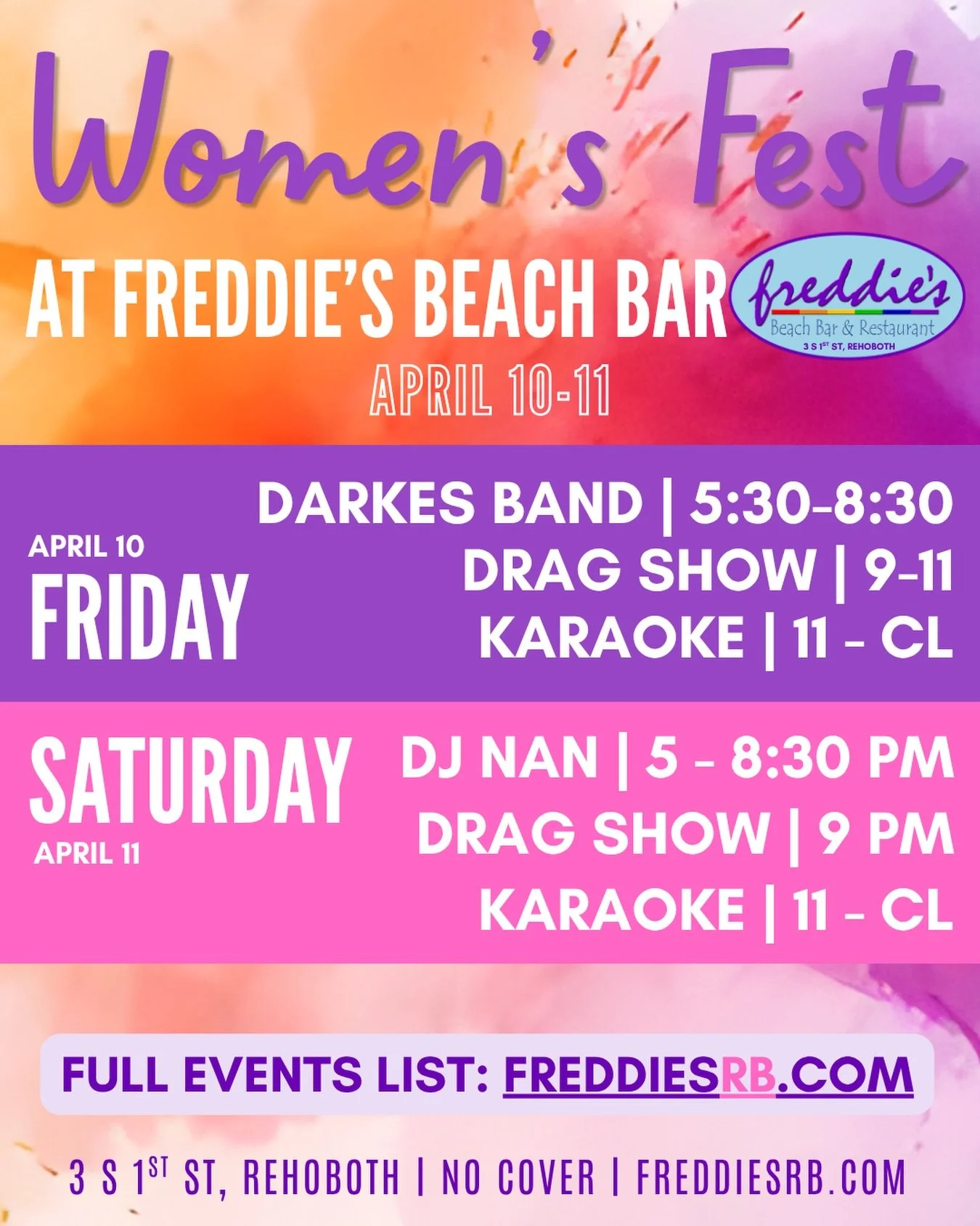 The ladies know they can always count on Freddie&rsquo;s Beach Bar for a good time 😉

With Women&rsquo;s Fest this weekend, we&rsquo;ve got a jam-packed lineup of your favorite women-led bands, DJs, our fabulous drag show, and karaoke 💜✨

FRIDAY (A