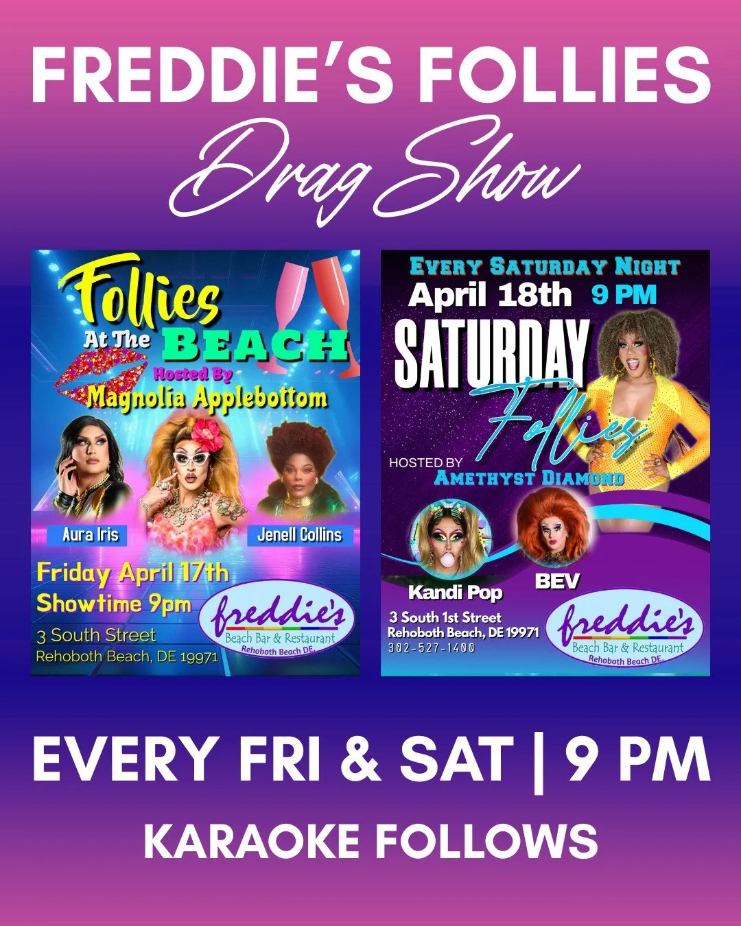 Stop drooling... and get over to Freddie&rsquo;s THIS FRIDAY &amp; SATURDAY 💋For another weekend of fabulous drag hosted and produced by the glam queen @mrsmagnolia!

Joined by special guests @theaurairis, #JenellCollins, @iwantkandi_pop, and @itsbe