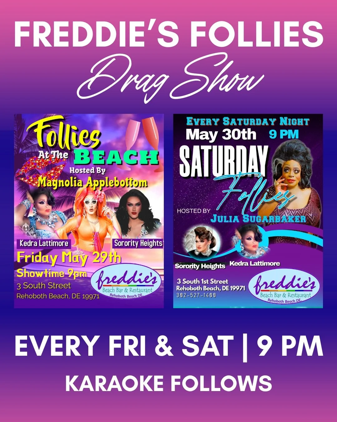 The weekend never looked so fabulous 💋

Get ready for a fabulous weekend of drag hosted by @mrsmagnolia 🎉 Join us every Friday &amp; Saturday at 9 PM for Follies at the Beach!

This week&rsquo;s special guests include @kedra_lattimore and @queen_so