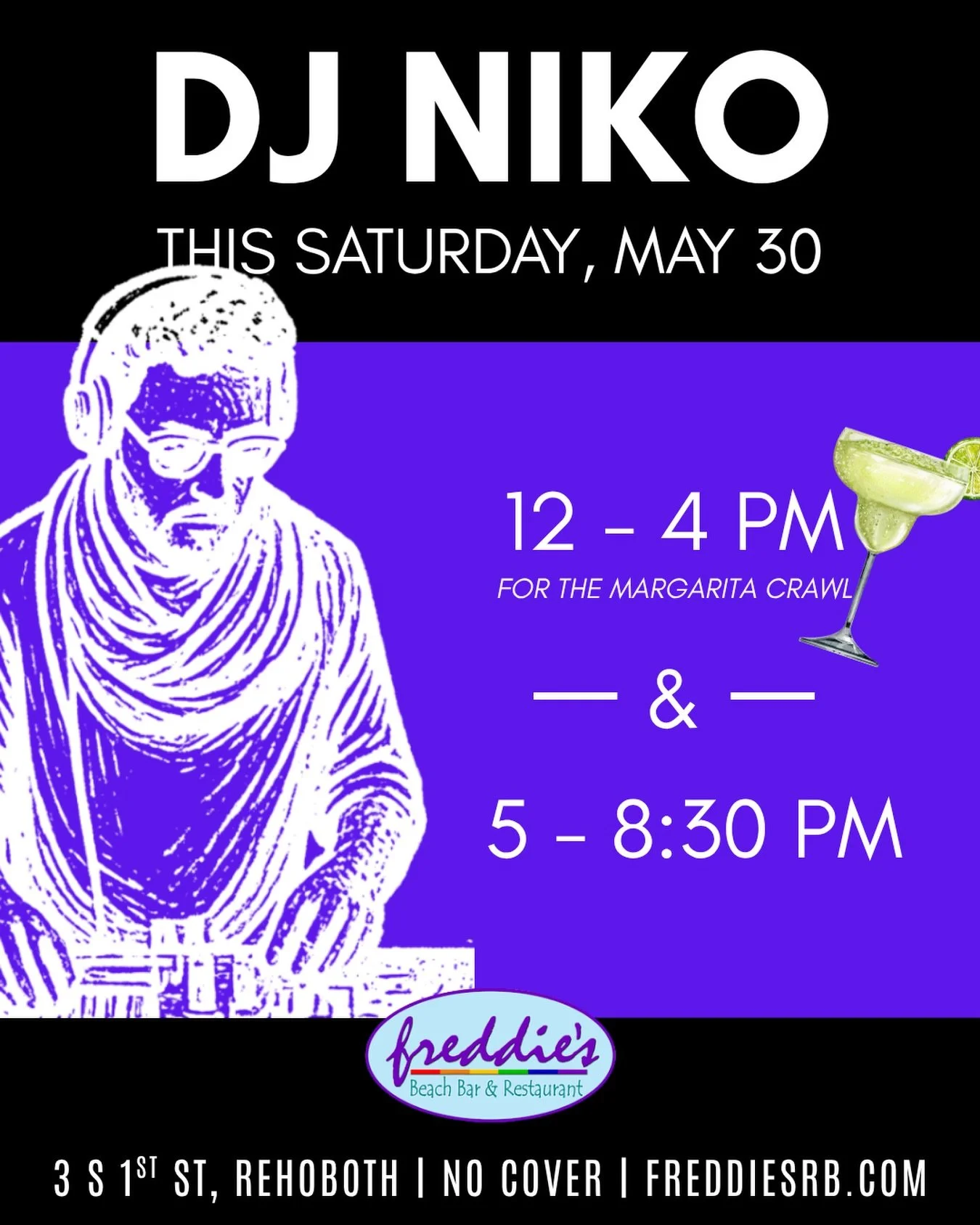#DJNiko is with us ALL DAY Saturday! 🎉 Join us for the #MargaritaCrawl from 12&ndash;4 PM, then keep the party going from 5&ndash;8:30 PM with great beats to kick off your Saturday evening! 🍹

#freddies #rehoboth #rehobothbeach