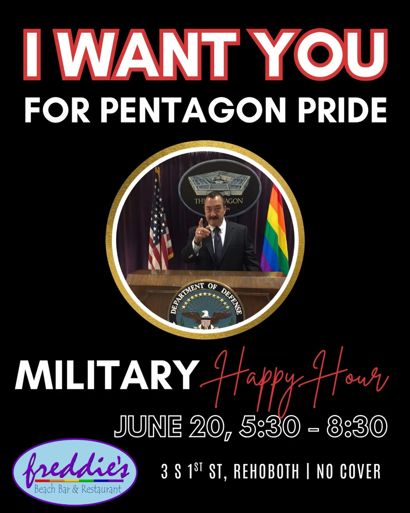#PentagonPride!!! 🏳️&zwj;🌈🇺🇸 Join us on Saturday, June 20th from 5:30 to 8:30 for a Military Pride Happy Hour!

With great company, food and drink specials, and passed apps, it&rsquo;s a chance to celebrate you and your service.

See you there! ✨