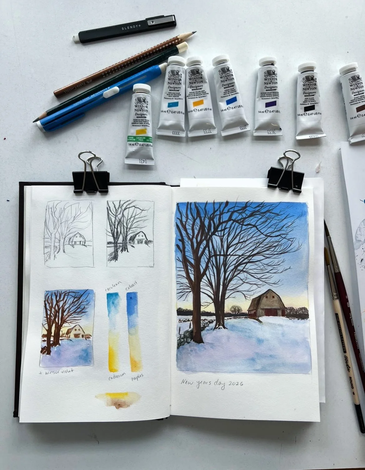 Another view of the barn, surrounded by a winter palette. I&rsquo;m excited for warmer weather, but I&rsquo;ll never get tired of looking at the shapes the branches make against the winter sky.  #gouache #winsorandnewton #sketchbook #sketchbookpainti