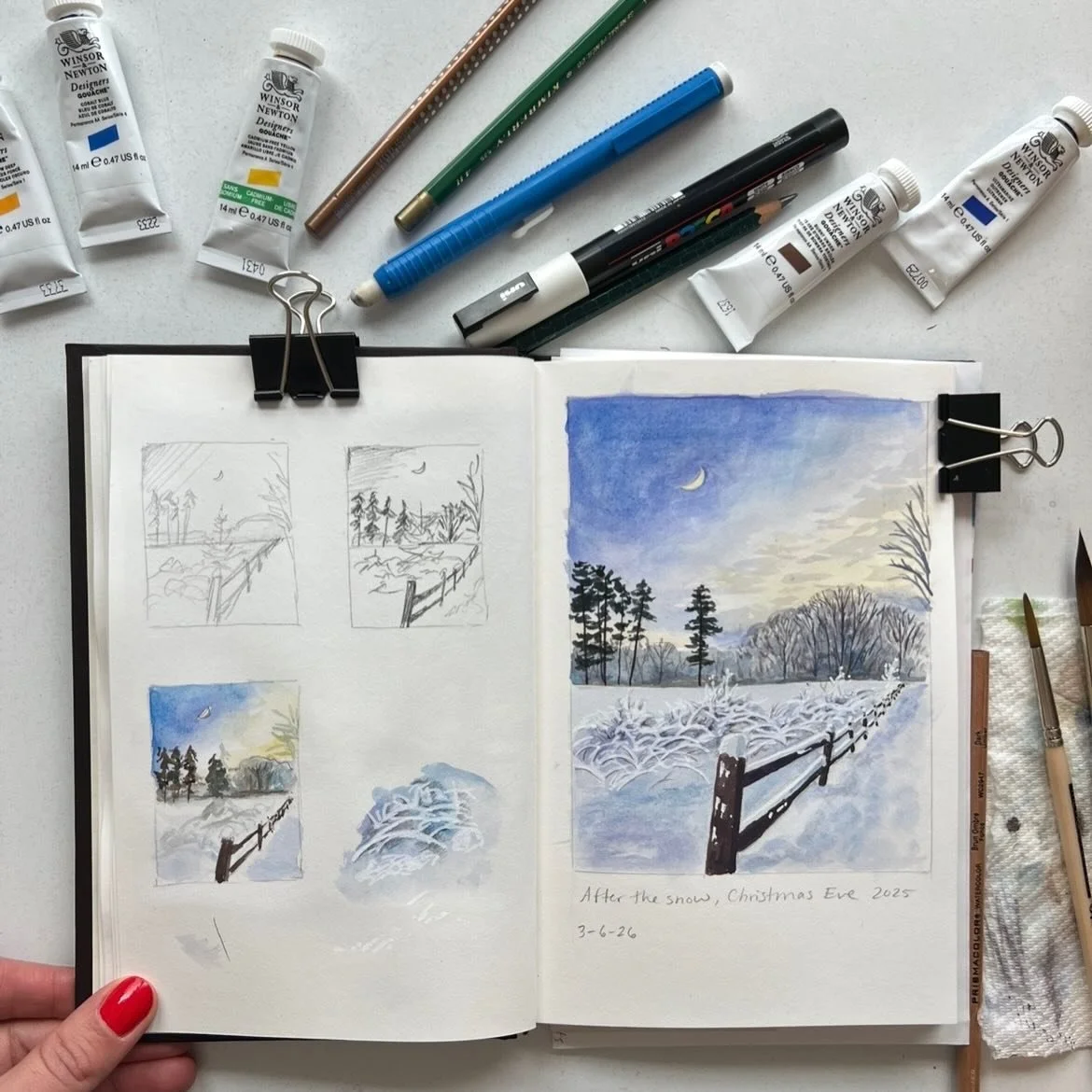 It may be March, but in Maine that still means 6 more weeks of winter. This scene is from a photo I took of my neighborhood after a beautiful Christmas Eve snowstorm we had ✨❄️ #sketchbookart #sketchbook #winter #deeringcenter #winterlandscape