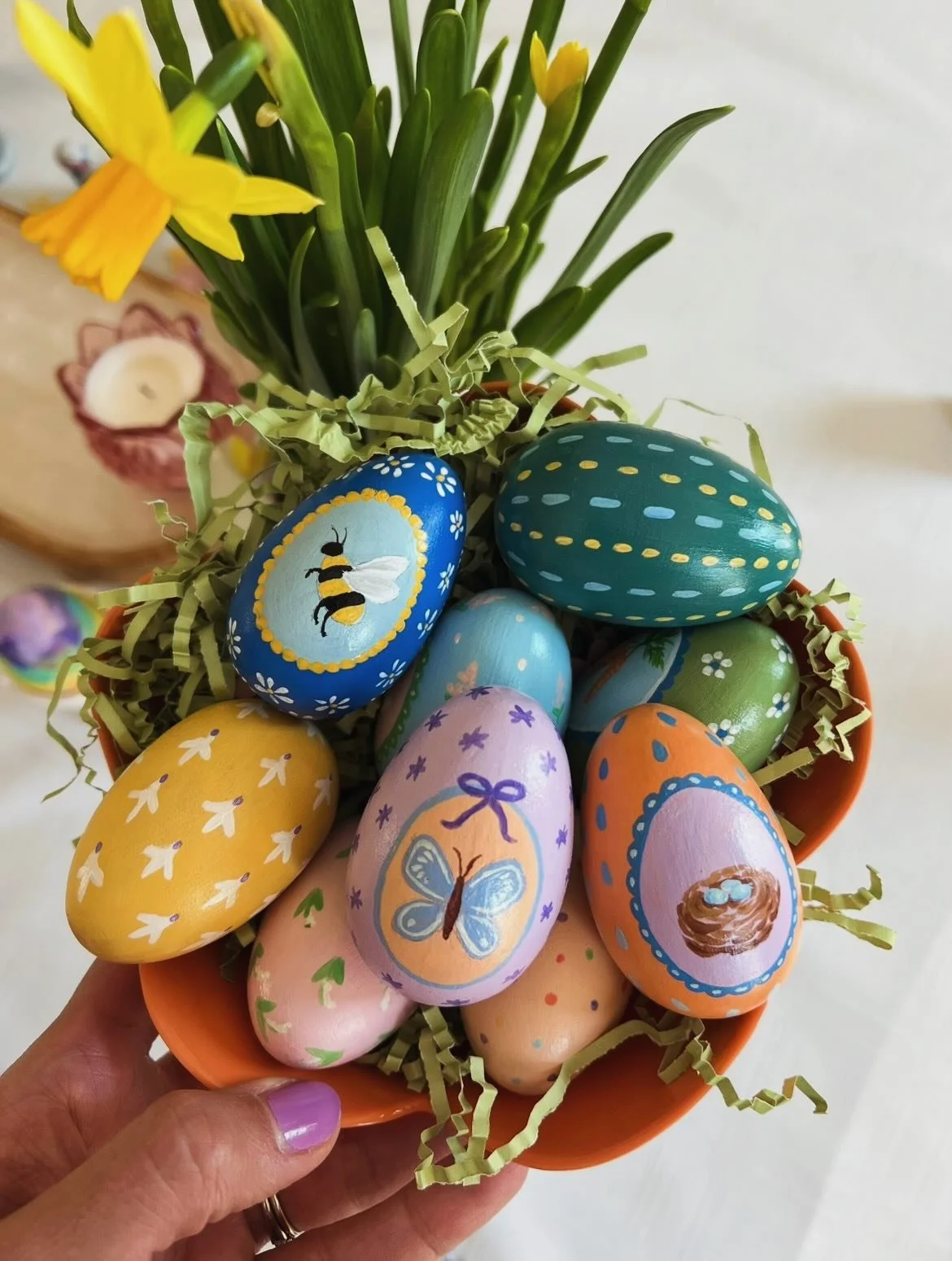 It&rsquo;s a little late, but I wanted to share these 3 new wooden eggs I painted to add to my Easter collection this year. The butterfly, bee and nest! 🦋🐝🪺Happy Spring! #eastereggs #paintedeggs #easterdecor #handpainted