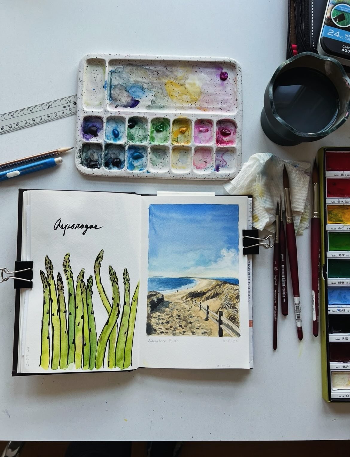 Recent sketchbook paintings! Practicing some beach and sky scenes for an upcoming project 💙 On the right, a scene from Napatree Point, one of my favorite places. #watercolor #watercolorillustration #beachpainting #sketchbook #ocean