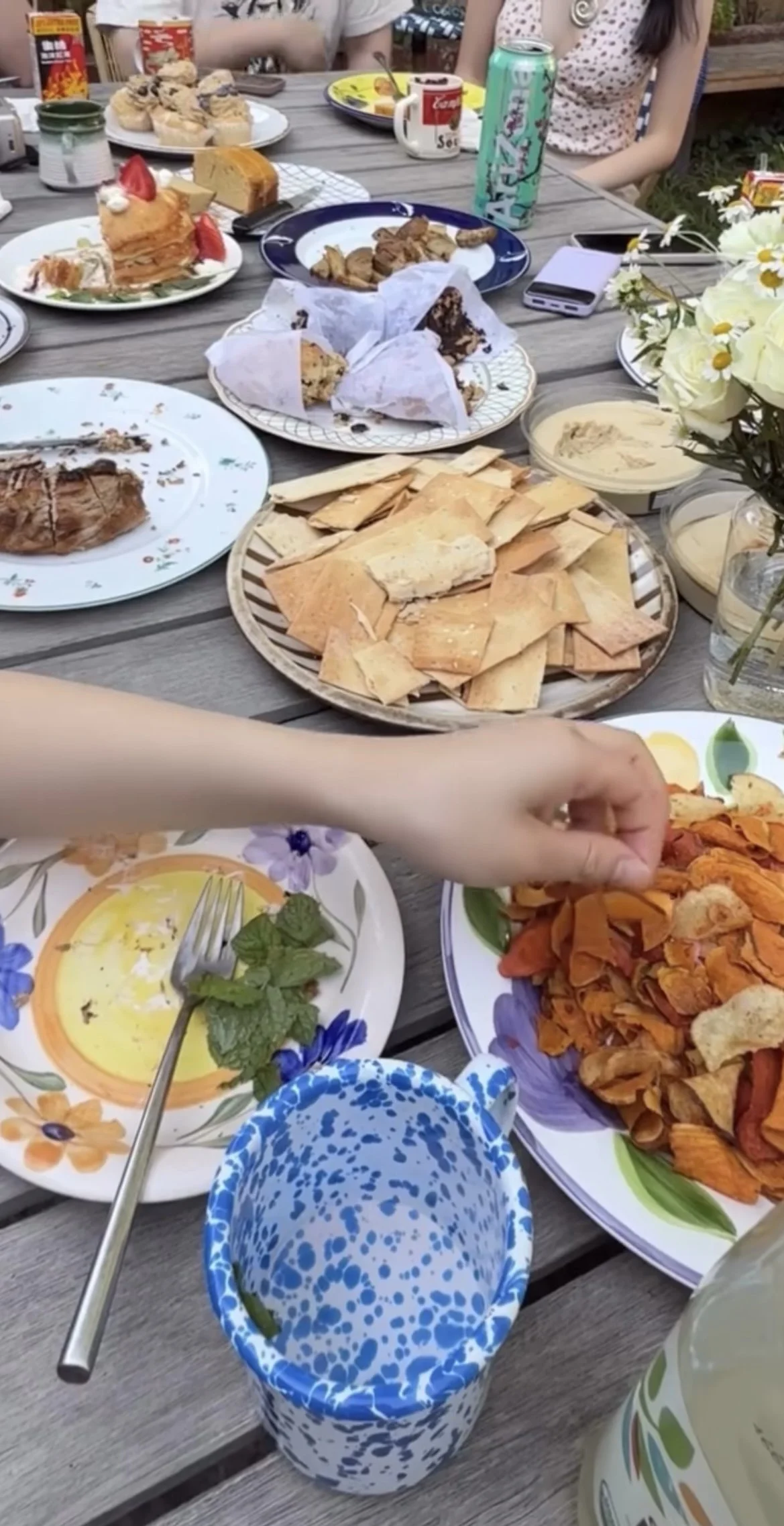 Picnic table with plates of crackers, chips, baked goods, and desserts, along with drinks, flowers, and a hand reaching for chips.
