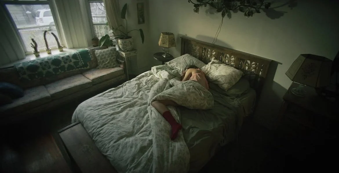 Person sleeping on a bed in a dimly lit bedroom.