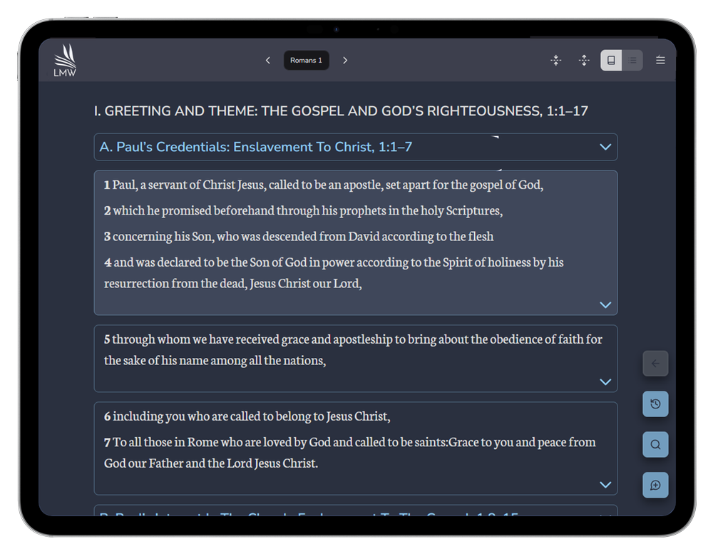 EVERYWORD on a tablet showing commentary alongside Scripture