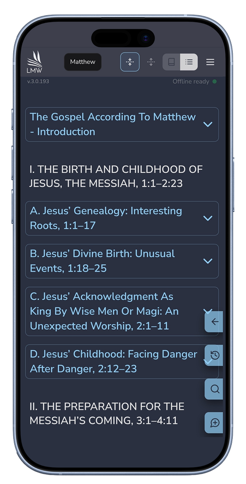 The EVERYWORD app on a phone, showing an outline with expandable sections