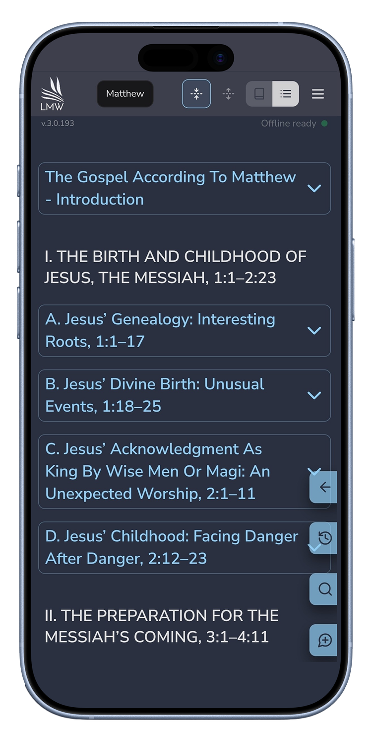 EVERYWORD app shown on a phone, displaying an outlined passage of Scripture with commentary