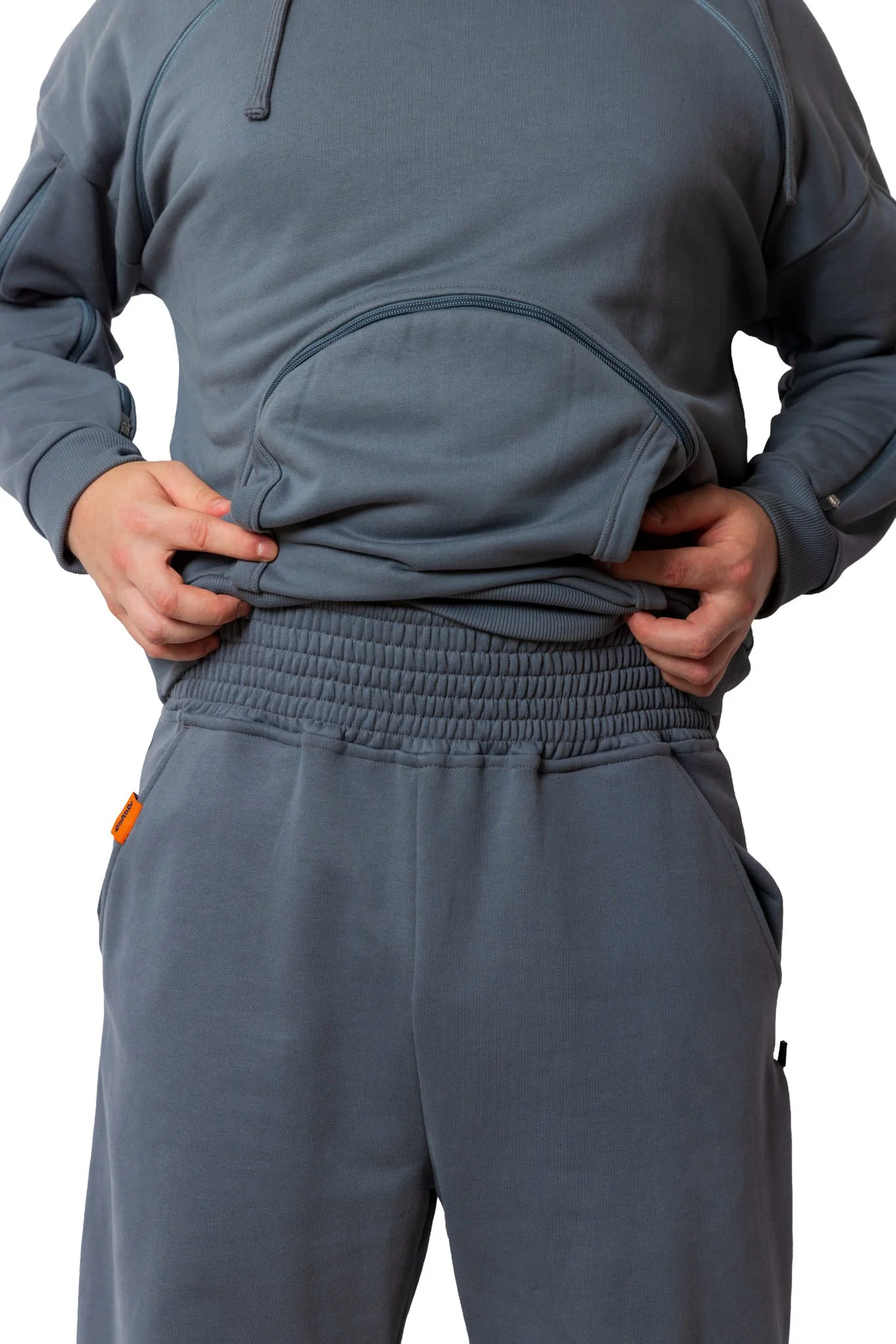 Shirred waist jogger, to help those experiencing changes in weight, swelling, bloating and sensitivity during medical treatments.