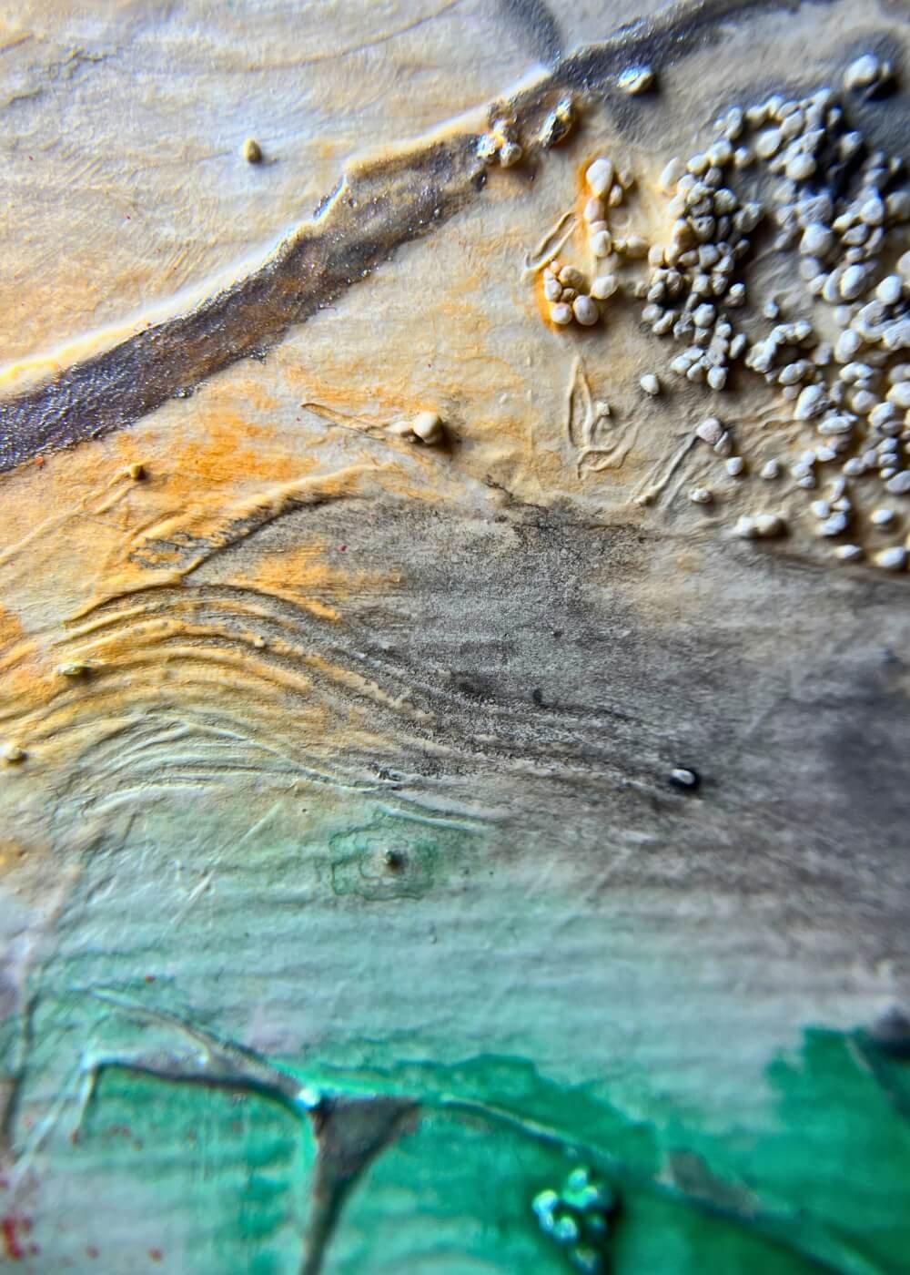 Close-up of abstract artwork “Soft shields & silent strength” with fine carved lines, soft earthy tones and layered textures.