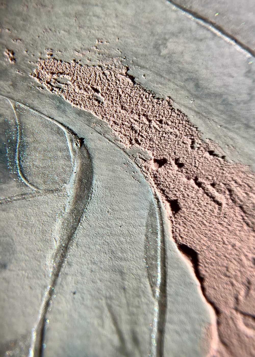 Detailed view of pigment and texture interplay in “A whisper of tomorrow”, where fine lines and muted shades mirror breath and inner stillness.