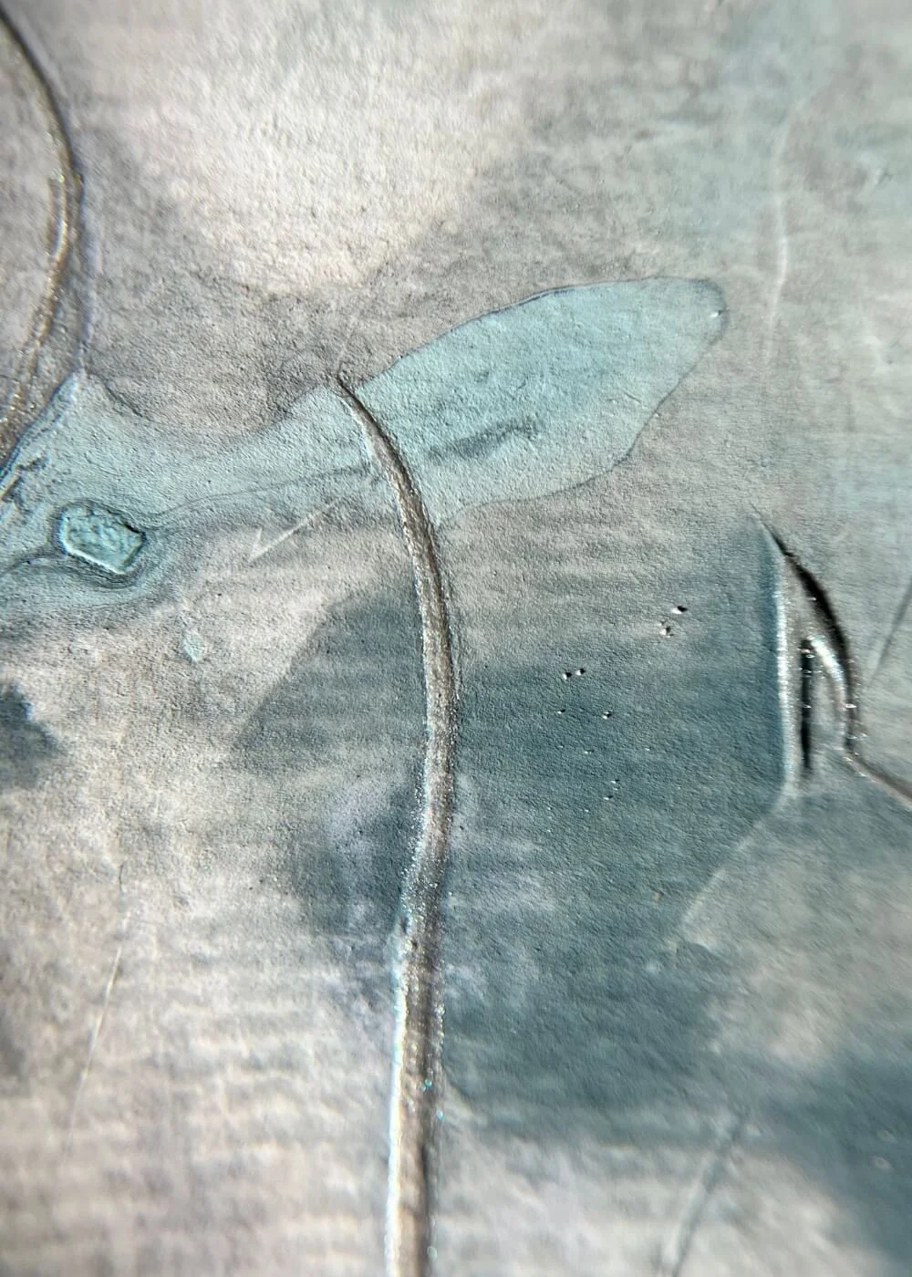 Macro detail of Between What Once Was, highlighting rose-tinted structure paste and soft blue gradients — symbolizing gentle healing and emotional release.