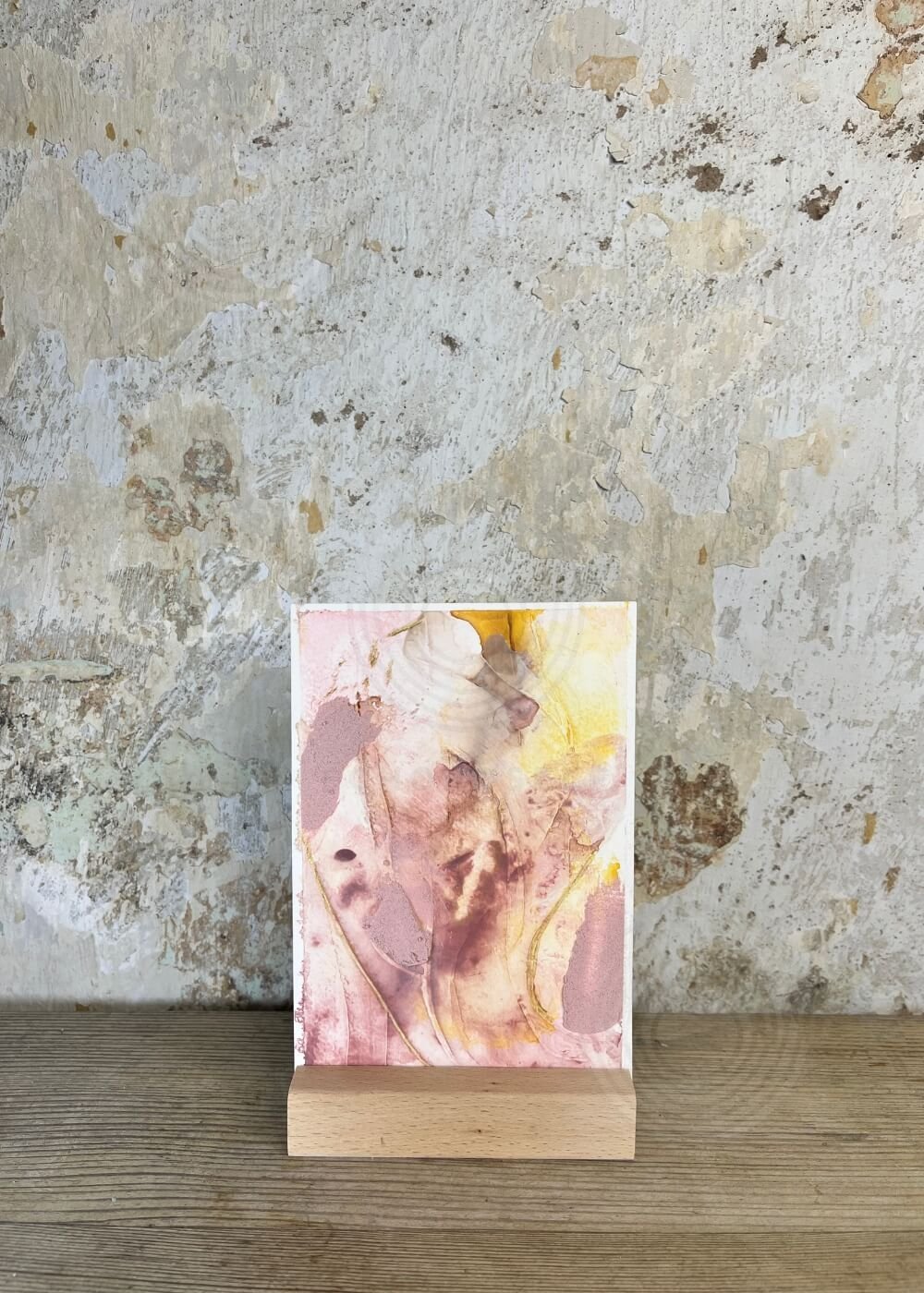 Abstract mindfulness artwork No. 6 with layered pink, yellow, and cream textures, part of the “Held by Myself” healing art series for self-love and acceptance.