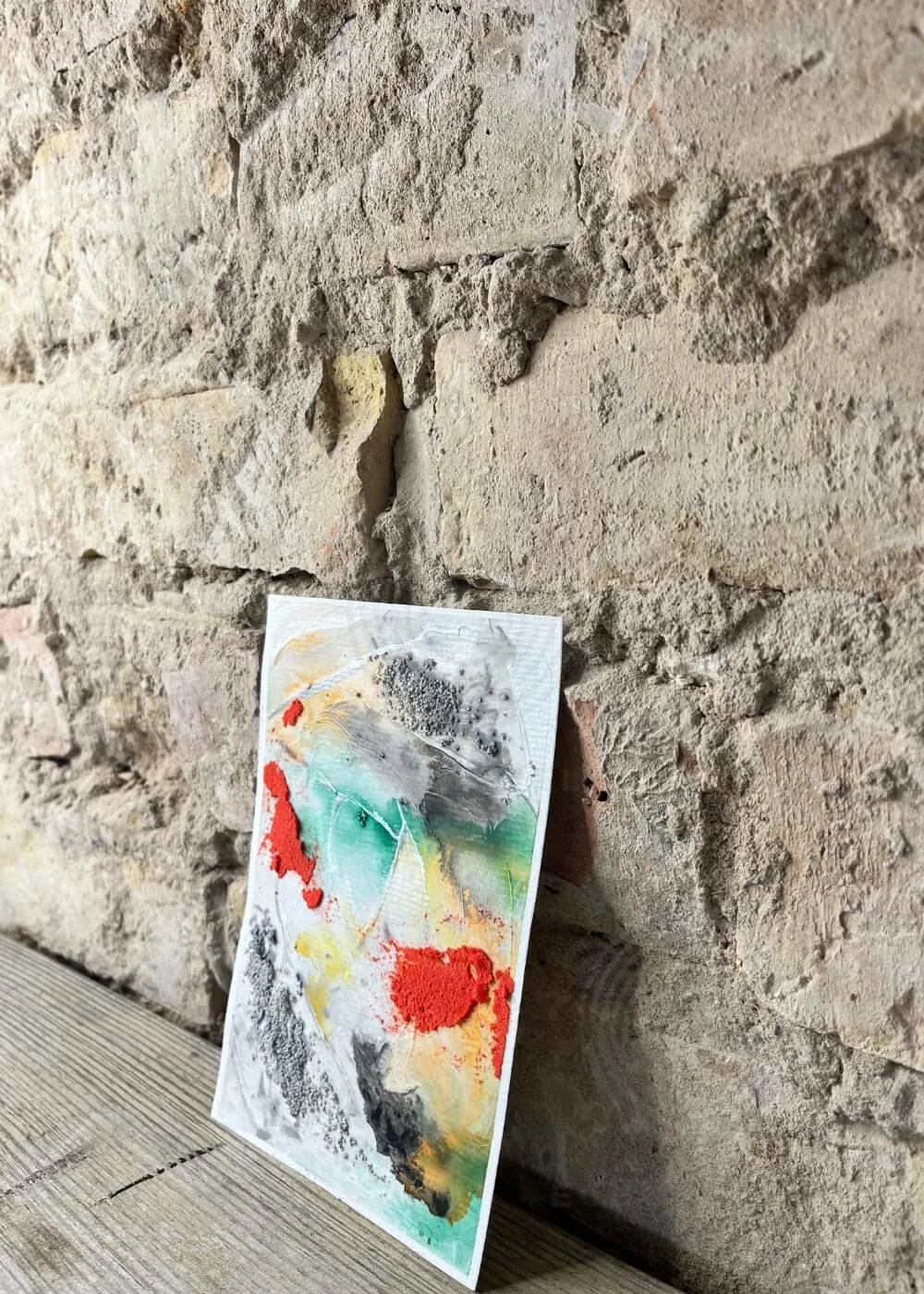 Side view of abstract artwork “Soft shields & silent strength”, showing layered textures and protective symbolism.