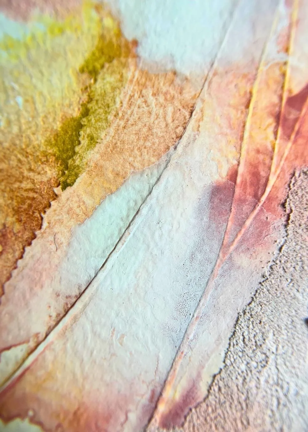 Macro of abstract mixed-media painting "Held by Myself No. 7" with soft gradients, subtle cracks, and textured brushstrokes in earthy shades.