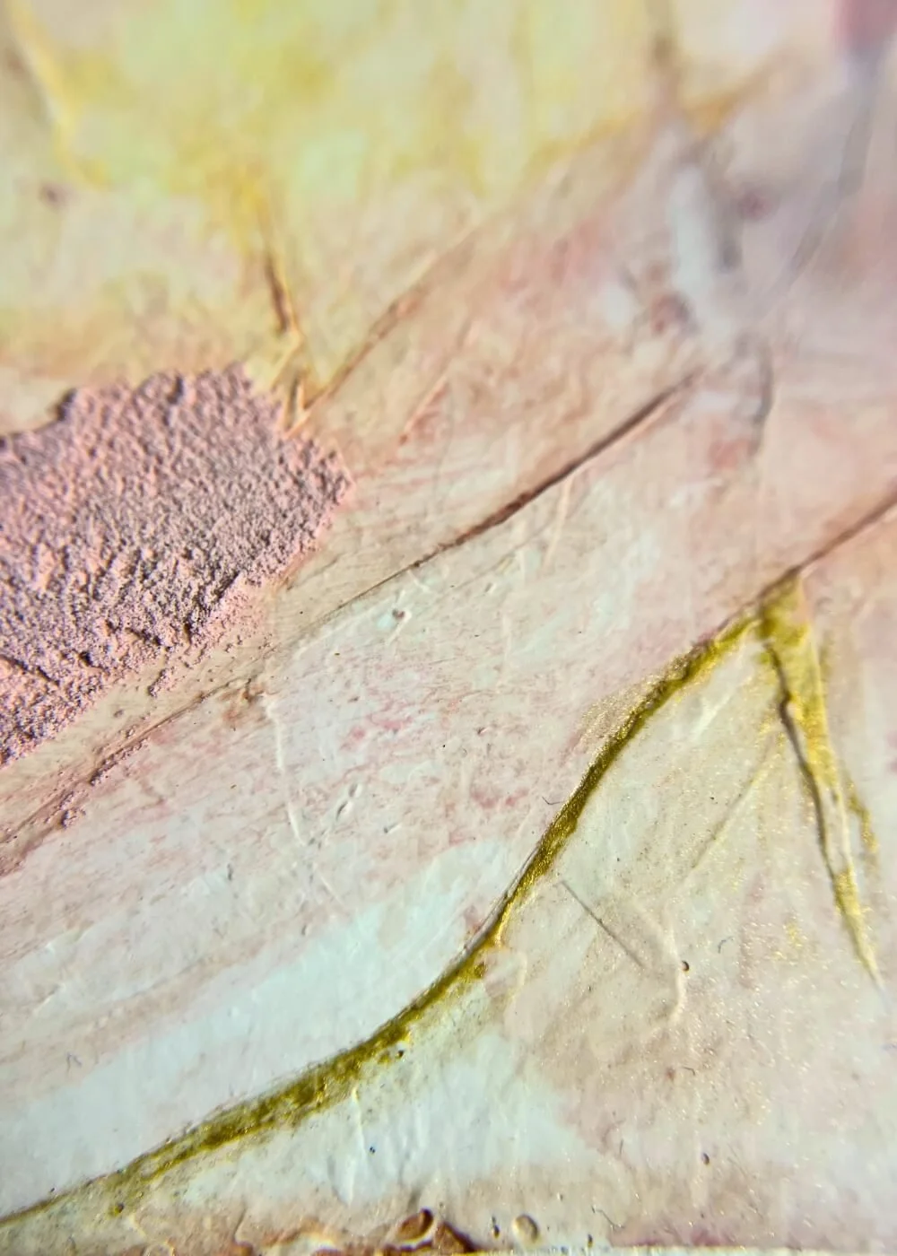 Macro detail of healing art surface, highlighting gentle pink strokes, raised textures, and subtle golden accents from the “Held by Myself” series.