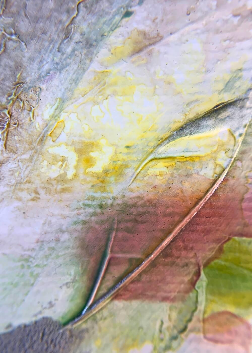 Close-up of Between the Seconds No. 5 highlighting soft pastel yellow and green layers with delicate texture and depth.