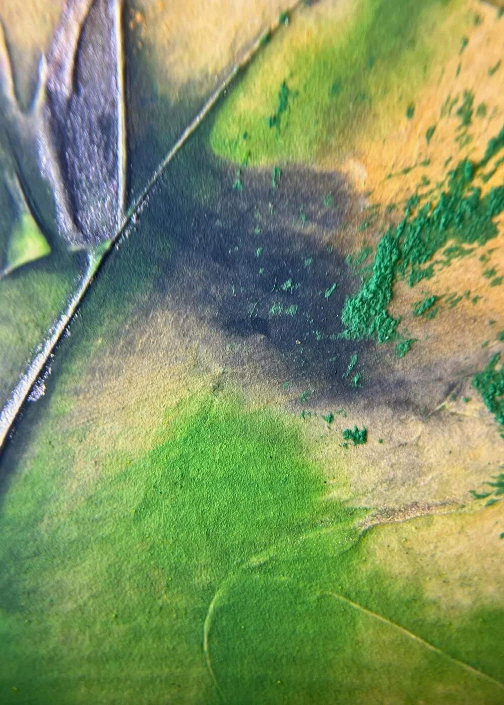 Close-up of deep green and dark accents in The beginning glows within me, revealing tactile textures and shimmering layers.