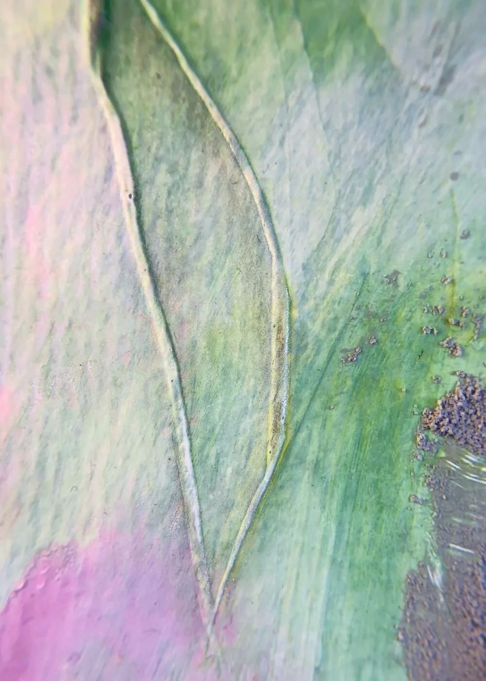 Macro photograph highlighting a green section of the artwork "Between the Seconds No. 2" with fine line details and layered textures.
