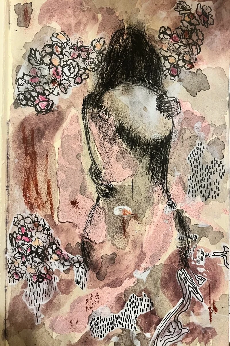 Expressive drawing of a woman embracing herself, surrounded by abstract floral patterns — symbolizing emotional healing, softness, and the journey of self-connection.