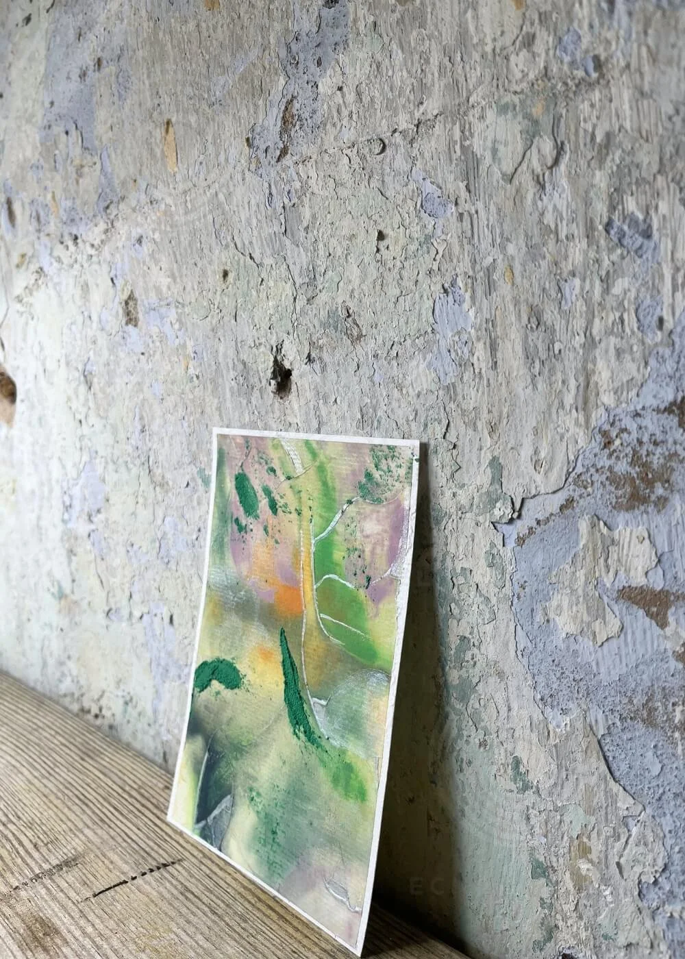 Side angle of ‘Roots of Light’, abstract mixed media artwork with luminous green textures and soft violet-orange tones, reflecting growth, inner strength, and transformation.