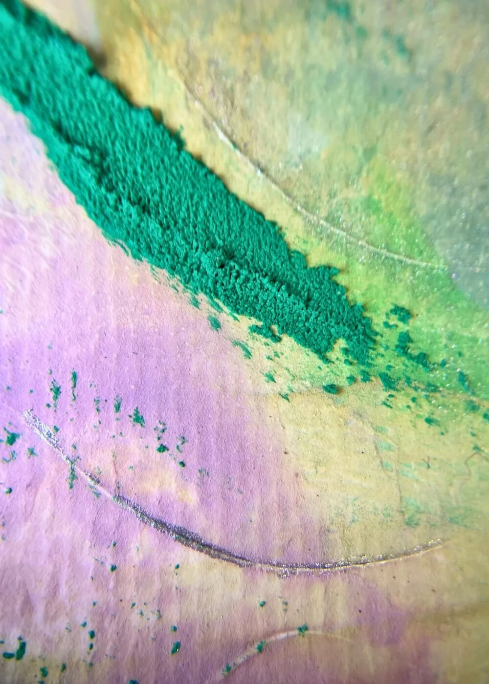 Macro detail of textured green pigment and lilac surface in abstract artwork ‘Where hope begins to root’, highlighting tactile depth and spiritual symbolism.