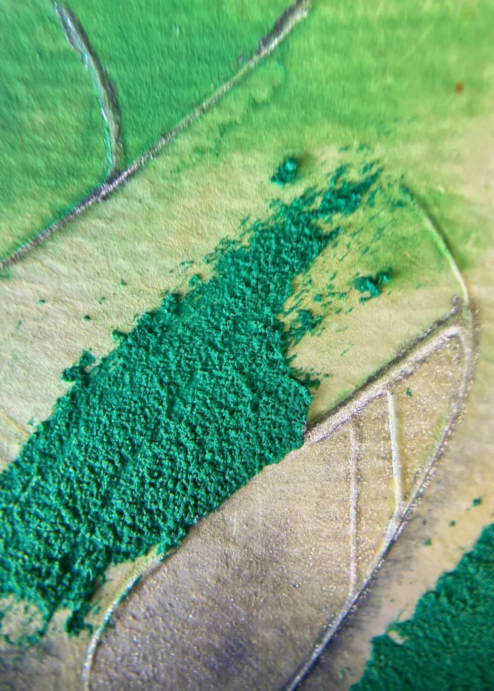 Close-up of emerald green texture with silver line detail from abstract artwork ‘Between Lifting and Letting Go’, symbolizing strength, freedom, and spiritual growth.