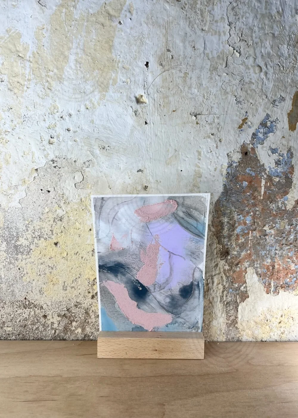 Textured abstract artwork in blush, blue, and lilac hues from the Between Breaths series – When I Dare to Be Soft, symbolizing tenderness and mindful serenity.