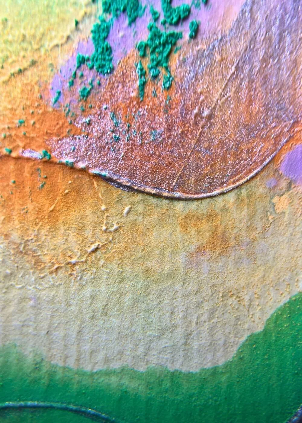 Macro view of textured brushstrokes in I have arrived, showing shimmering violet and earthy tones with embossed structure.