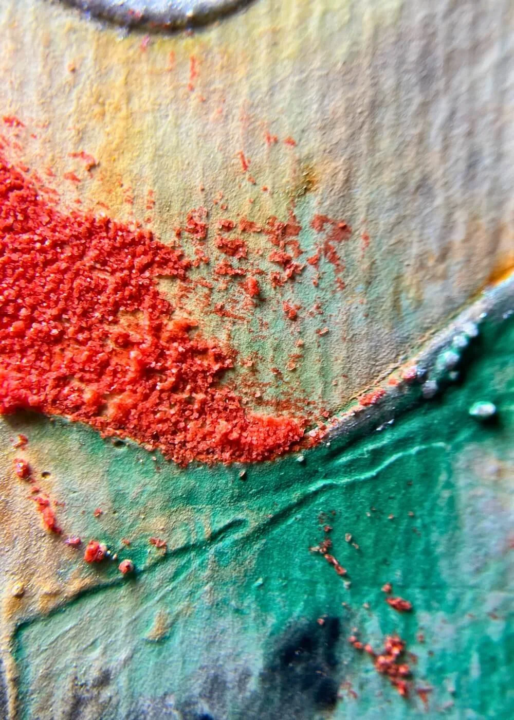 Vivid macro of red and green textured pigments from “The boundary that loves,” highlighting tactile depth and emotional protection.