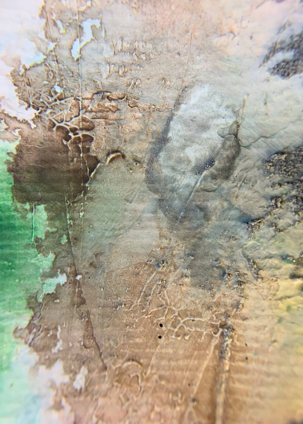 Macro shot of abstract artwork "Between the Seconds No. 9" highlighting earthy brown textures with delicate cracks and layered paint structure.