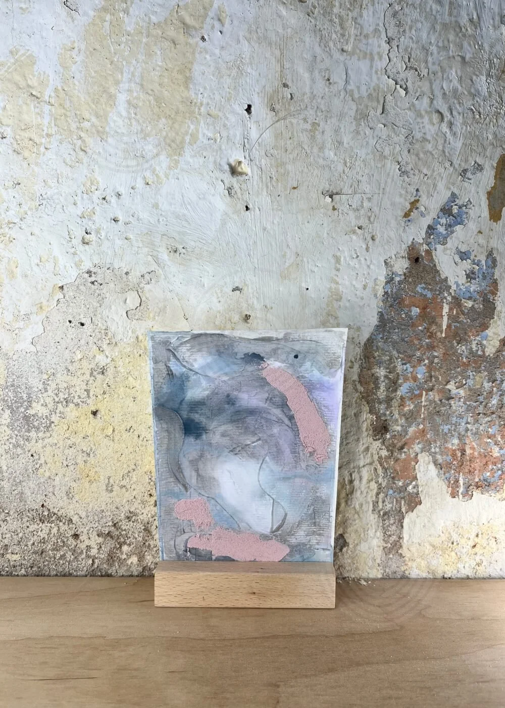 Textured abstract artwork in soft blush, blue, and lilac hues from the Between Breaths series — When Clarity Whispers, evoking intuitive calm and gentle awareness.