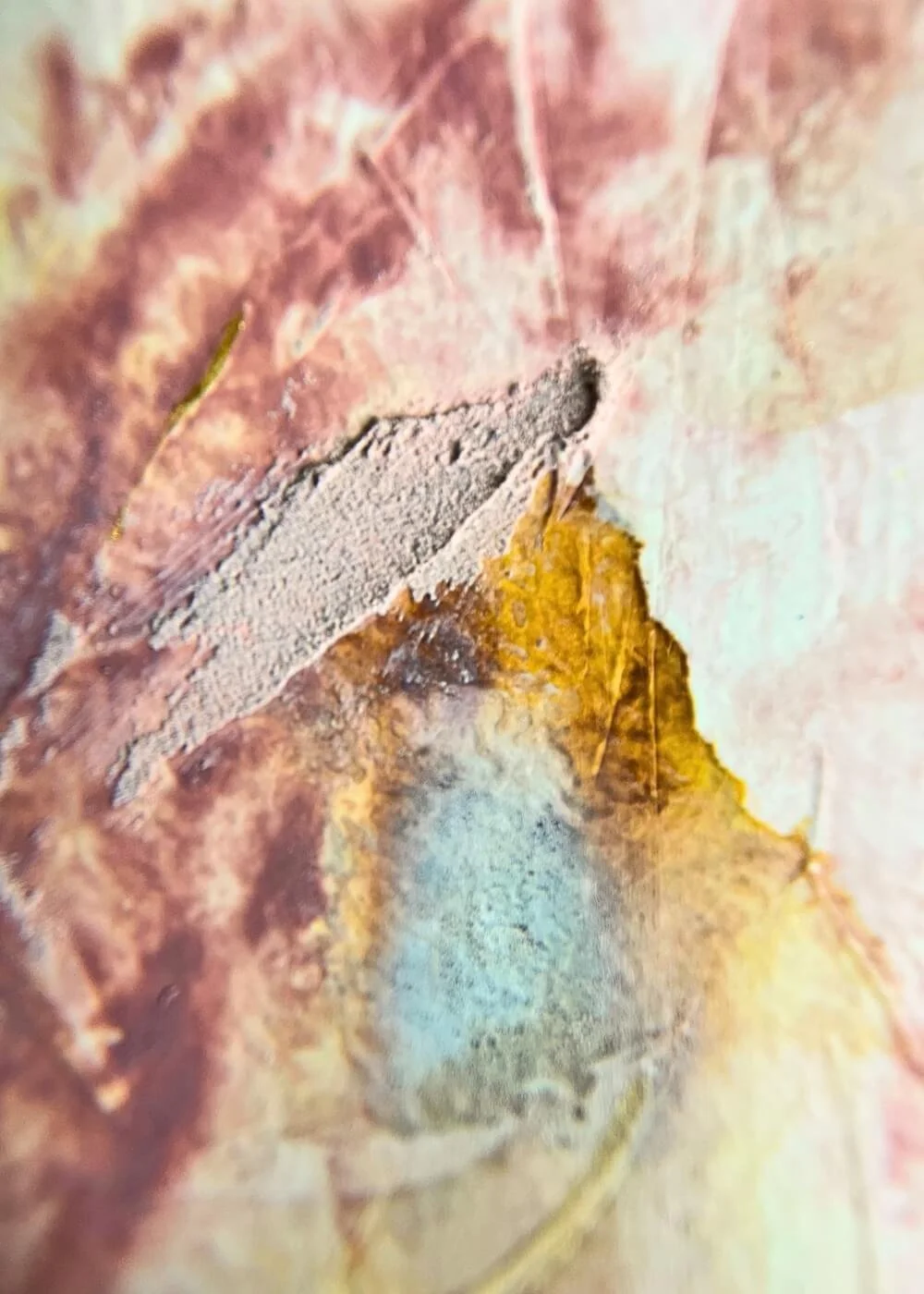 Close-up of “Held by Myself No. 4” – tactile healing artwork with raised rose texture, golden layers, and a soft white accent.