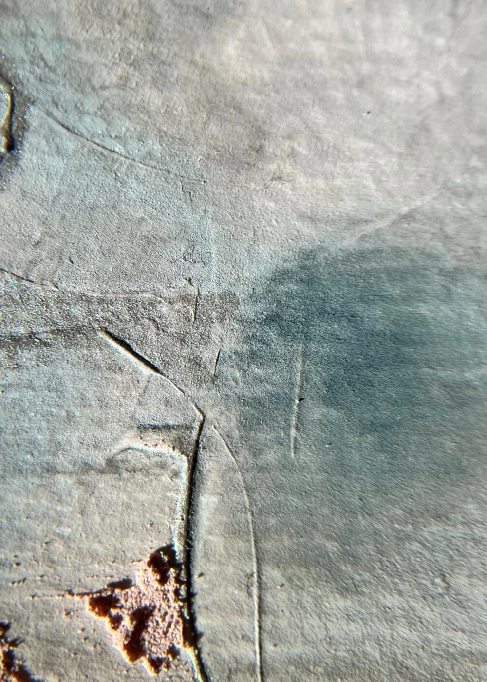 Close texture view of Between What Once Was showing subtle curves and fine brush impressions — an intimate glimpse into calm movement and inner restoration.