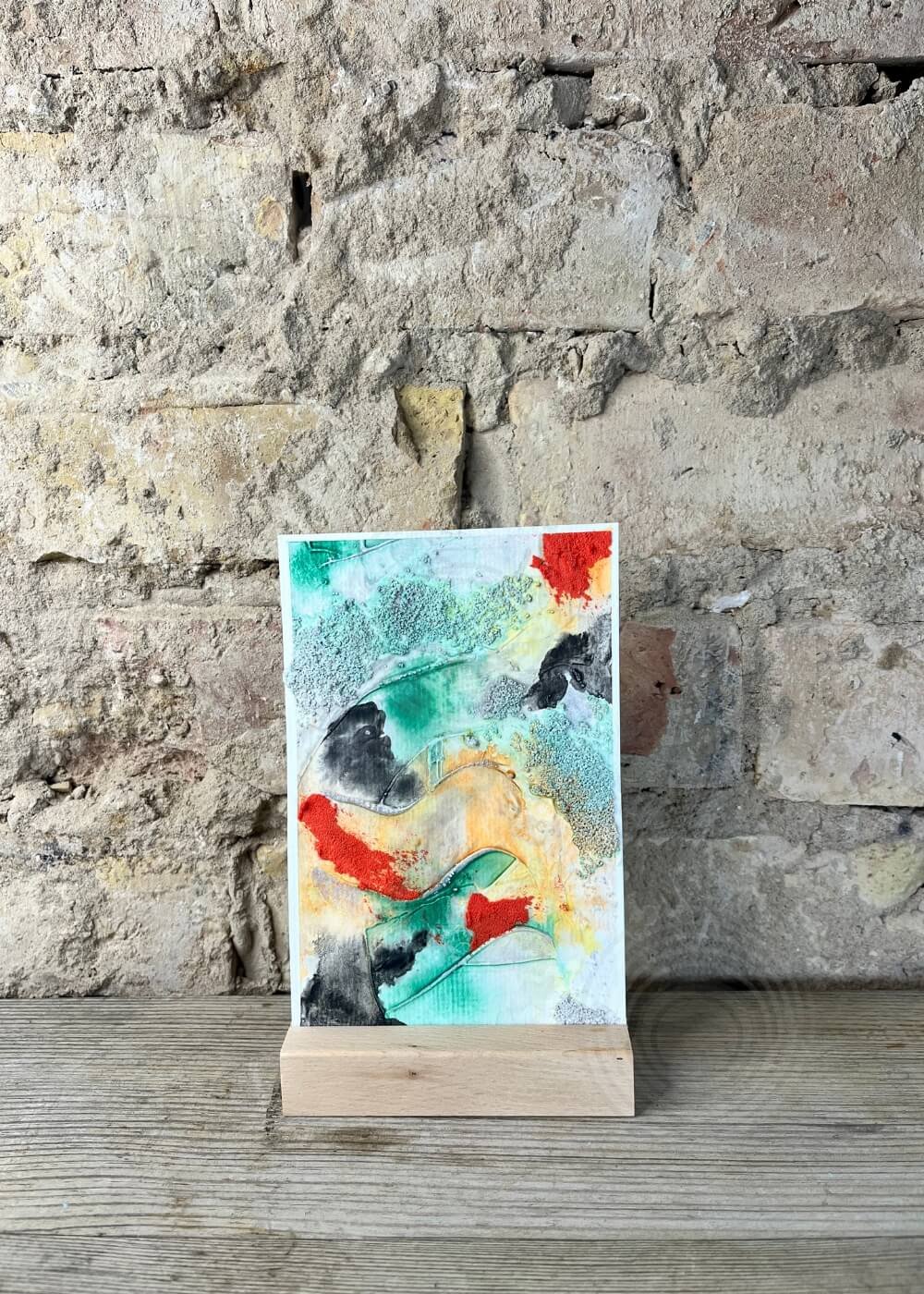 Abstract artwork “The boundary that loves” with textured green, black, red, and orange tones, symbolizing protective boundaries infused with compassion.