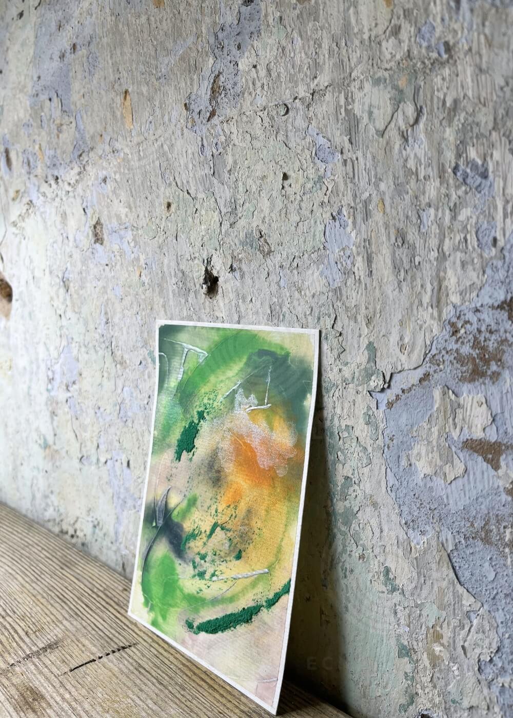 Side angle of the original mixed-media painting The beginning glows within me, highlighting layered textures and glowing colors of renewal.